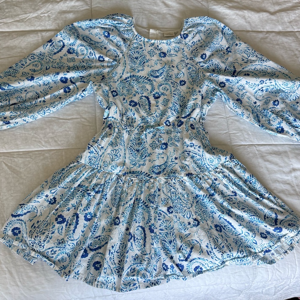 Blue and White Ruched Fit and Flare Dress with Bishop Sleeves